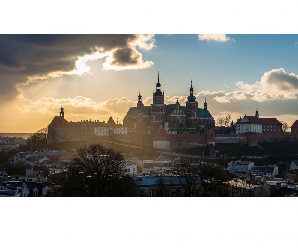Na obrazie dominuje widok na rozległe miasto, z dużą, historyczną budowlą górującą na wzgórzu w centralnej części kadru. Budowla ta ma liczne wieże i spiczaste dachy, a jej ściany są w odcieniach czerwieni i brązu, otoczone mniejszymi budynkami o jasnych fasadach. Po lewej stronie słońce przebija się przez gęste, ciemne chmury, tworząc złote smugi światła, które częściowo oświetlają miasto i wzgórze. Prawa część nieba jest jaśniejsza, z błękitnymi fragmentami i pojedynczymi, białymi chmurami. W dolnej części zdjęcia widoczne są dachy i zabudowania miejskie, z licznymi drzewami bez liści wkomponowanymi w krajobraz.