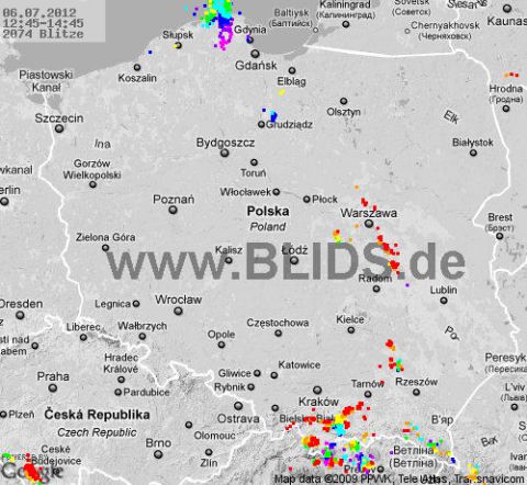 Burze w Polsce 6.07.2012 - MAPKA z godz. 12.45-14.45