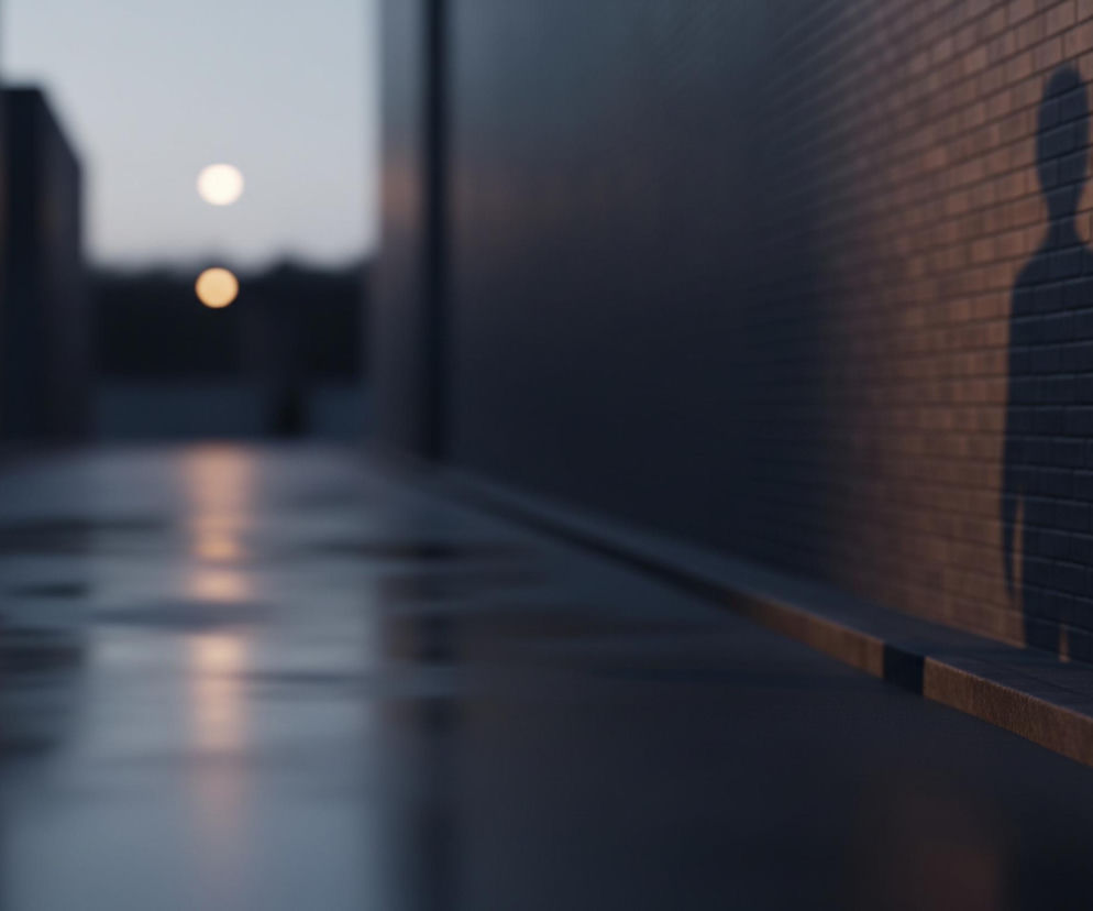 Cień sylwetki ludzkiej, widoczny od pasa w górę, rzuca się na ceglaną ścianę po prawej stronie kadru, przyjmując ciemniejszy odcień niż cegły. Ściana jest zbudowana z prostokątnych, brązowych cegieł i biegnie ukośnie od dolnego prawego rogu, a tuż pod nią znajduje się wąska, ciemna półka. Po lewej stronie kadru widoczna jest ciemna ścieżka z mokrą, lśniącą powierzchnią, odbijającą rozmyte, jasne punkty światła z oddali. W tle, na końcu ścieżki, zamazane są dwa jasne, okrągłe źródła światła, a otaczający krajobraz składa się z niewyraźnych ciemnych form, prawdopodobnie budynków.
