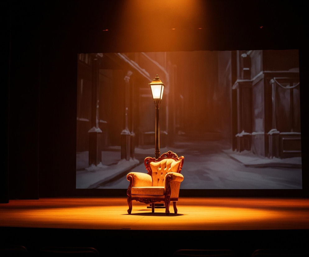 Na scenie oświetlonej ciepłym, pomarańczowym światłem, znajduje się beżowy, pikowany fotel o ozdobnym drewnianym stelażu. Bezpośrednio za fotelem stoi ciemna latarnia uliczna z jasno świecącym kloszem. W tle, na dużym ekranie, widoczny jest obraz ulicy pokrytej śniegiem, z budynkami po obu stronach. Cała scena jest otoczona ciemnymi, pionowymi elementami przypominającymi kolumny lub proscenium.