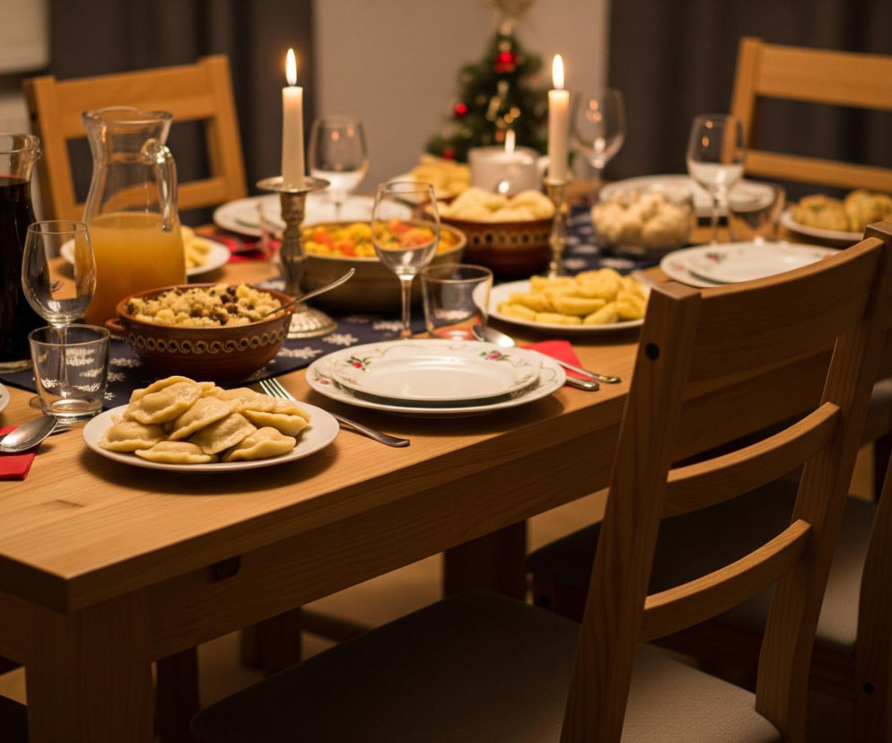 Jasny drewniany stół z przygotowanymi posiłkami i napojami stoi w centralnej części kadru, oświetlony blaskiem świec i delikatnego światła otoczenia. Na stole widoczne są talerze pełne pierogów, misy z sałatkami i innymi daniami, dzbanki z sokami w kolorach ciemnoczerwonym i pomarańczowym oraz puste kieliszki i szklanki. Świece na świecznikach i w ceramicznych miseczkach rozświetlają scenę, a w tle widać ozdobioną choinkę i drewniane krzesła z jasnymi obiciami, częściowo wychodzące poza kadr.