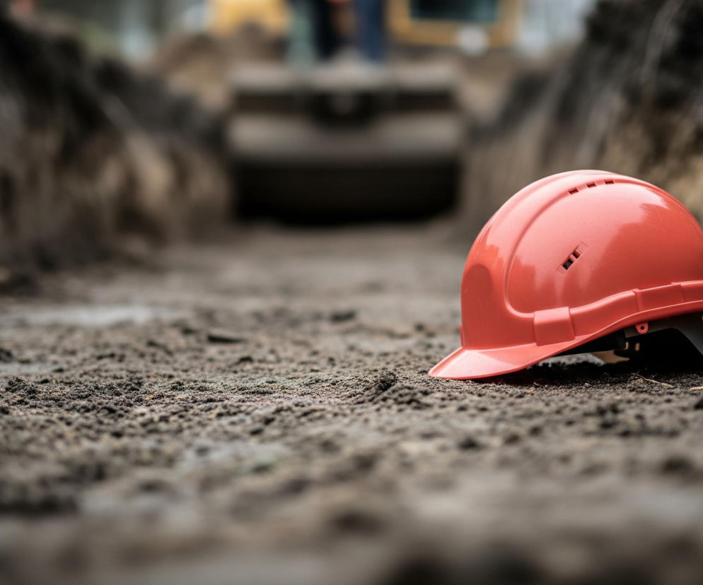 Pomarańczowy kask ochronny leży na piaszczystym, brązowym dnie wąskiego, wykopanego rowu. Po obu stronach widoczne są ciemnobrązowe, pionowe ściany ziemi, tworzące głębię obrazu. W tle, rozmyte, majaczy ciężki sprzęt budowlany w odcieniach szarości i brązu, a także fragment postaci człowieka. Cała scena jest utrzymana w stonowanej palecie barw ziemi, z wyjątkiem intensywnej pomarańczy kasku, który stanowi główny, ostry element kompozycji.