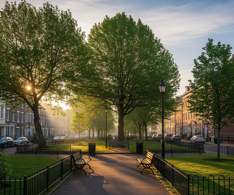 Ulicę miejską przecina rozległy zielony park, otoczony z obu stron długimi rzędami ceglanych kamienic. Słońce, nisko na horyzoncie po lewej stronie, świeci przez liście drzew, rzucając długie cienie na parkowe alejki i trawniki. W centrum kadru biegnie asfaltowa ścieżka z dwoma pustymi drewnianymi ławkami po obu stronach, odgrodzonymi od trawnika czarnym, metalowym płotkiem.