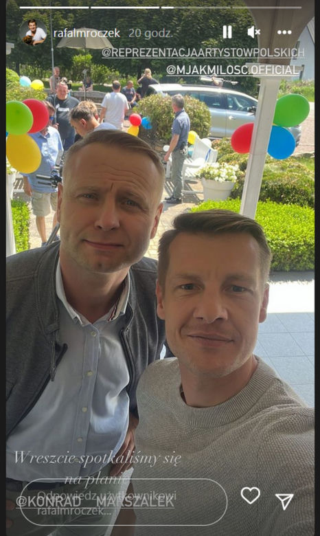 M jak miłość na planie. Rafał Mroczek (Paweł Zduński), Konrad Marszałek (Karol Lewicki - ojciec Adama, syna Franki)