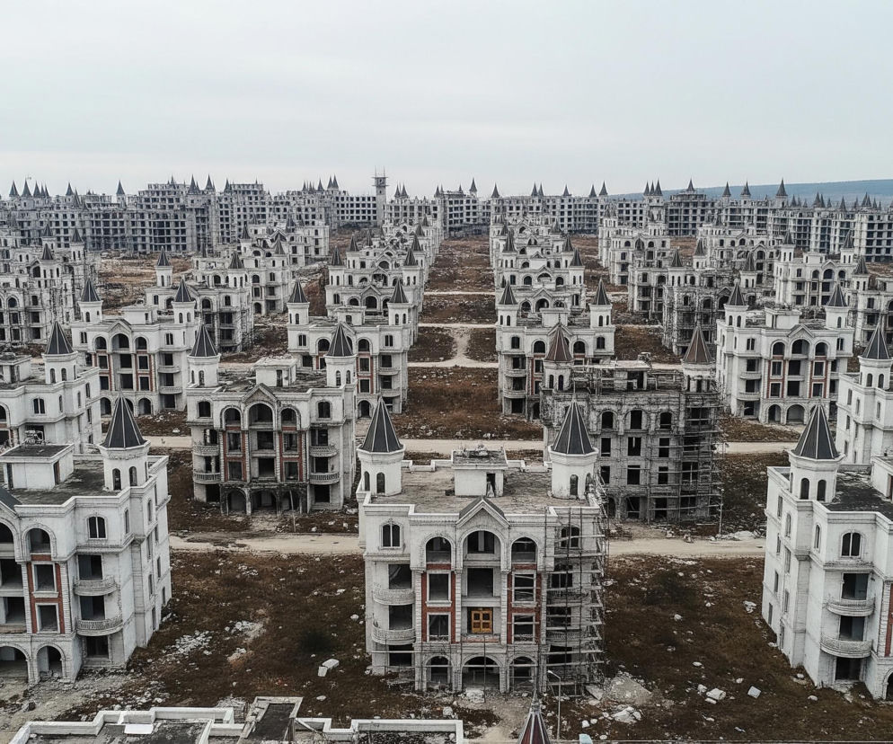 Rozległy krajobraz wypełniony setkami identycznych, pustych budynków w stylu zamkowym, rozmieszczonych w równych rzędach na brunatnej, niezagospodarowanej ziemi. Budynki są w większości białe z szarymi lub czarnymi spiczastymi dachami na wieżyczkach i fragmentami cegły w odcieniach czerwieni, a wiele z nich ma odsłonięte, ciemne wnętrza lub rusztowania na zewnątrz. Na horyzoncie, pod zachmurzonym, jasnoszarym niebem, widoczne są pagórki, a cała scena sprawia wrażenie opuszczonej i niedokończonej.