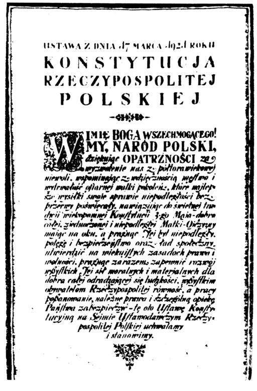 Krzyk narodzin II RP. Sejm II RP 17 marca 1921 roku uchwalił pierwszą, nowoczesną konstytucję