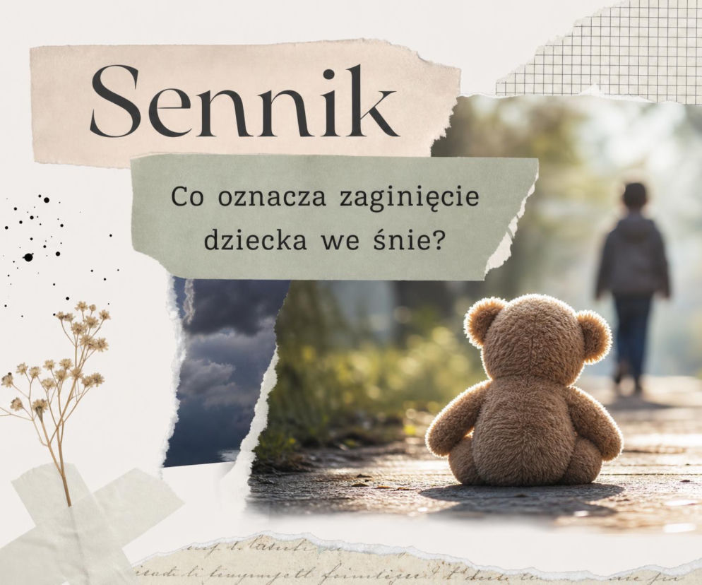 Pluszowy miś na drodze, w tle oddalające się dziecko. O znaczeniu snu o zaginięciu dziecka przeczytasz na SE.