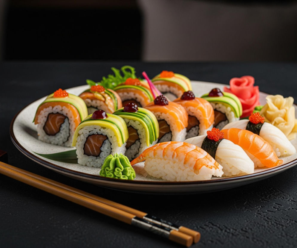 Na ciemnym, lekko teksturowanym blacie znajduje się biały talerz z różnorodnym sushi. Osiem kawałków maki z łososiem i awokado, udekorowanych czerwoną ikrą lub ciemnymi borówkami, tworzy łukowatą kompozycję. Obok, po prawej stronie talerza, widoczne są nigiri: dwa z krewetką, dwa z łososiem, jedno z kalmarem i jedno z algami nori i czerwoną ikrą. Kompozycję uzupełniają różowe płatki marynowanego imbiru, jasnożółty imbir w plastrach oraz jasnozielony wasabi, a na pierwszym planie leżą brązowe pałeczki na podkładce.
