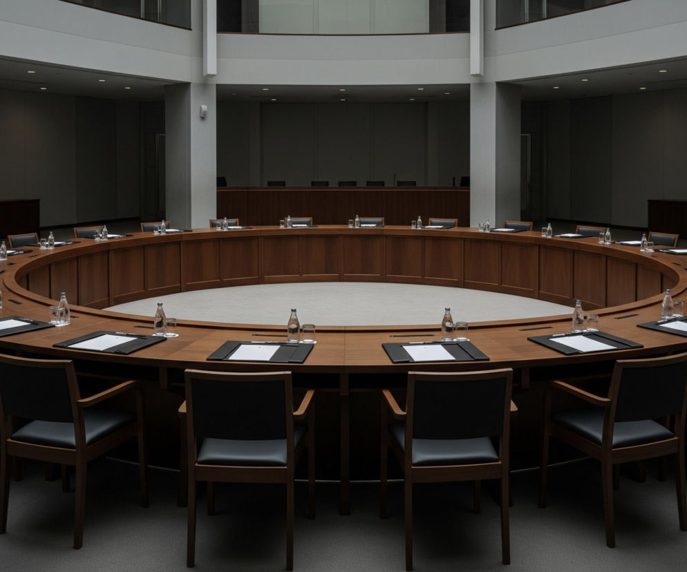 Centralnym punktem obrazu jest duży, okrągły stół konferencyjny wykonany z ciemnego drewna, otoczony czarnymi krzesłami z drewnianymi ramami. Na stole, co pewien odstęp, ułożone są czarne podkładki z białymi kartkami papieru, długopisami, szklanymi butelkami wody i pustymi szklankami, przygotowane dla uczestników. Stół stoi na ciemnoszarym dywanie w przestronnym pomieszczeniu z szarymi ścianami i kolumnami, a nad nim znajduje się duży otwór sufitowy, sugerujący kolejne piętro lub kopułę. Pomieszczenie jest jasno oświetlone światłem dziennym padającym z niewidocznych źródeł oraz punktowym oświetleniem sufitowym.