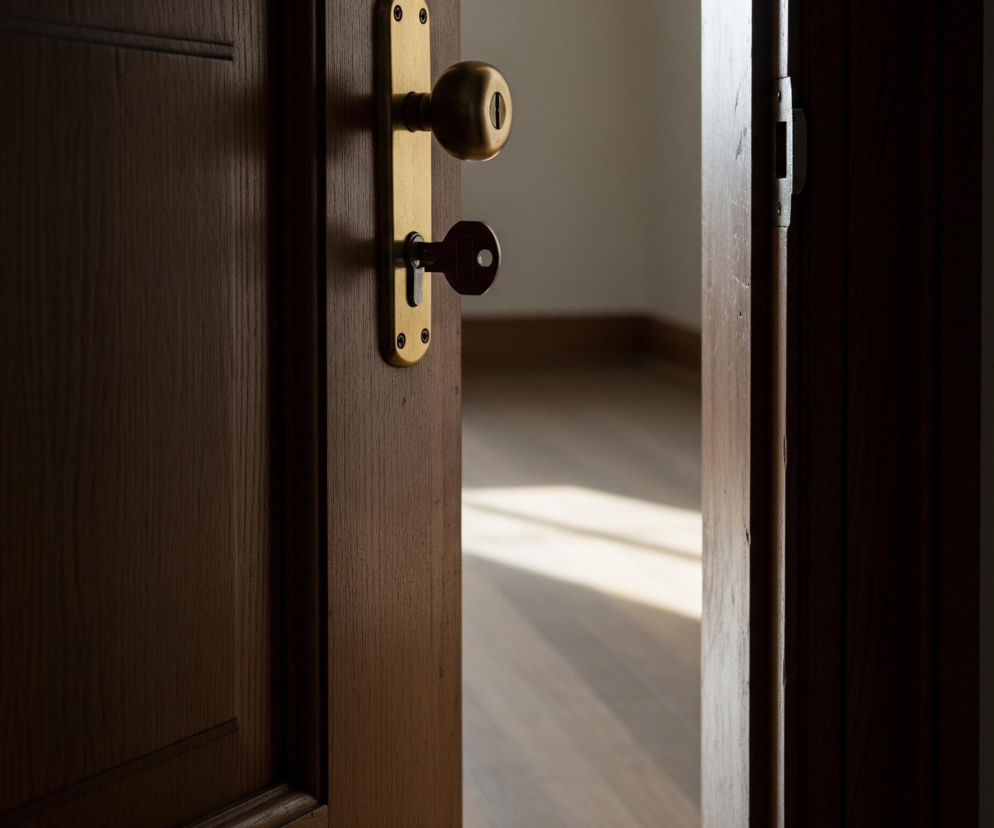 Uchylone, drewniane drzwi w kolorze ciemnego brązu, z widocznym usłojeniem. Na ich powierzchni umieszczono mosiężną klamkę gałkę oraz szyld z otworem na klucz, w którym tkwi ciemny klucz. Przez szczelinę drzwi, po prawej stronie kadru, wpada światło dzienne, oświetlające fragment jasnej, drewnianej podłogi z wyraźnymi promieniami słońca. Pozostała część wnętrza po prawej stronie drzwi pozostaje w cieniu.