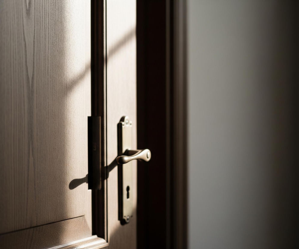 Na obrazie widoczne są brązowe drzwi drewniane, lekko uchylone, z wyraźnym usłojeniem. Po prawej stronie drzwi, na ich krawędzi, znajduje się złota klamka z zamkiem w kształcie dziurki od klucza. Część drzwi po lewej stronie jest zacieniona, podczas gdy prawą stronę oświetla silne, naturalne światło padające od góry po lewej stronie, tworząc długi, skośny cień klamki na powierzchni drzwi. Tło po prawej stronie drzwi jest rozmyte i ciemne, w odcieniach szarości, sugerując wnętrze słabo oświetlonego pomieszczenia.