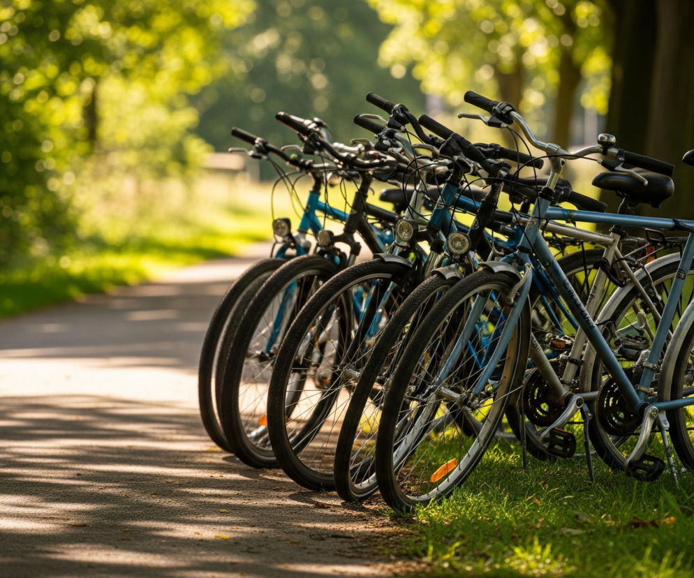 Sześć rowerów, głównie w odcieniach niebieskiego i szarego, stoi rzędem na zielonej trawie po prawej stronie utwardzonej ścieżki. Od ścieżki na lewo rozciąga się zielony pas, a w tle widać rozmazane, jasnozielone liście drzew, oświetlone przez słońce, tworzące efekt bokeh. Na ścieżce widoczne są cienie liści, a na jej prawym skraju leży kilka drobnych żółtych liści.