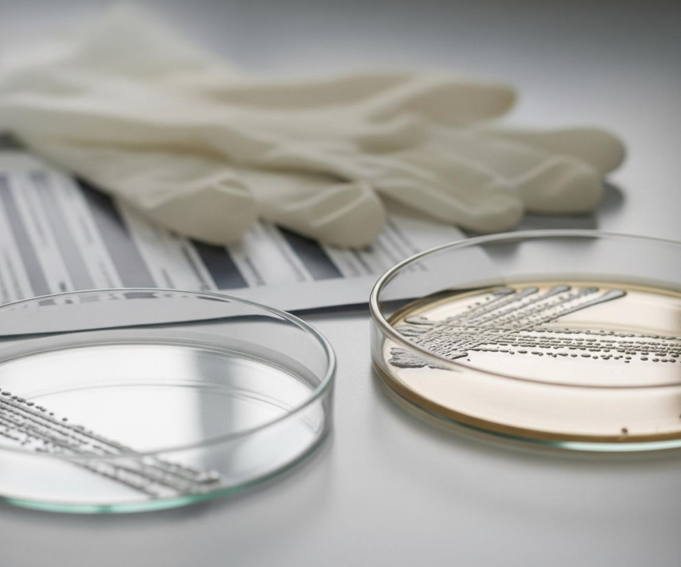 Na pierwszym planie, po prawej stronie, znajduje się szalka Petriego z bursztynowym podłożem, na którym rosną liczne, ciemnoszare kolonie drobnoustrojów ułożone w równoległe, faliste linie oraz rozsiane kropki. Po lewej stronie leży druga, pusta szalka Petriego, a na jej przezroczystym dnie widoczne są podobne ciemnoszare smugi. Tło obrazu jest rozmyte; w górnej części widać złożone, jasne rękawiczki ochronne leżące na kartce papieru z wydrukowanymi pionowymi, czarnymi liniami i fragmentami tekstu. Całość kompozycji utrzymana jest w chłodnych odcieniach szarości i bieli, z ciepłym akcentem bursztynowego podłoża.