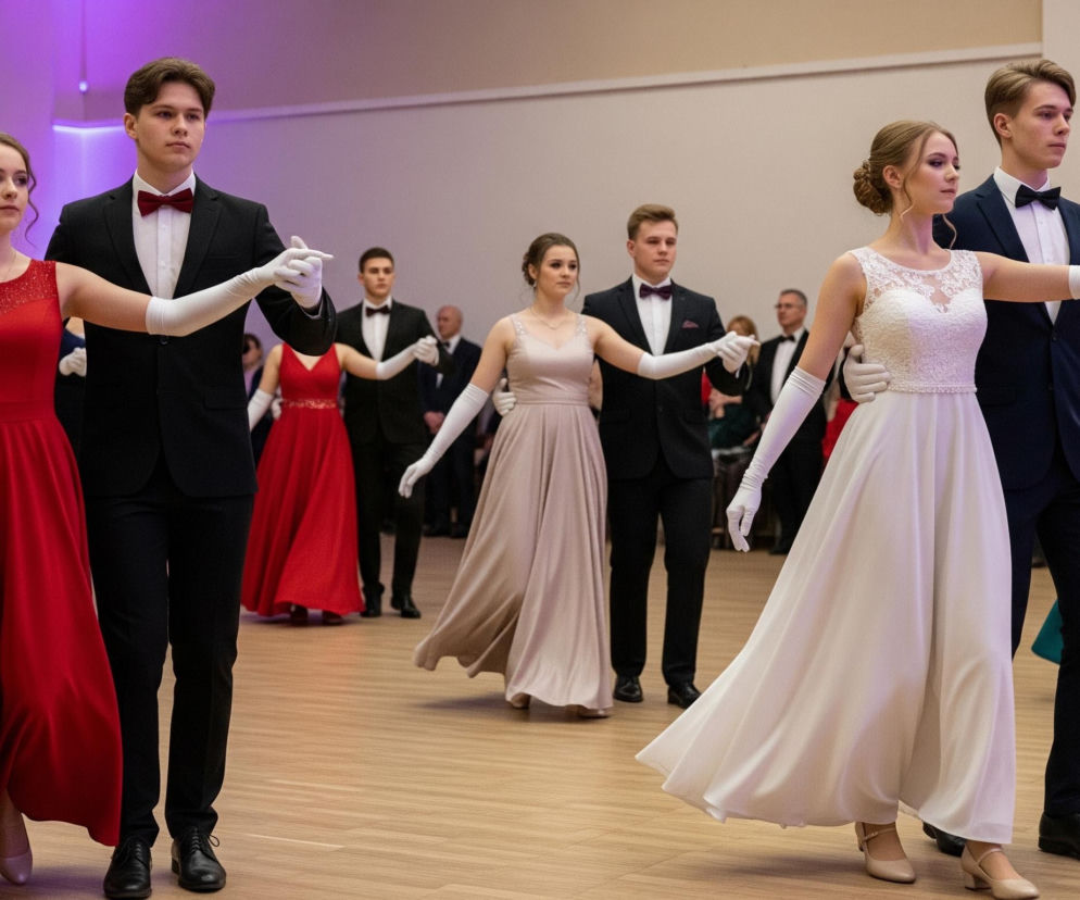 Na pierwszym planie, po lewej stronie, stoi młoda kobieta w długiej, czerwonej sukni z błyszczącymi zdobieniami na dekolcie, nosząca białe, długie rękawiczki. Po jej prawej stronie stoi młody mężczyzna w czarnym garniturze z białą koszulą i czerwoną muszką, również w białych rękawiczkach. Ich ręce są wyciągnięte do przodu w tanecznym ułożeniu. Obok nich, po prawej stronie, w podobnej pozie, znajduje się kolejna para: kobieta w długiej, białej sukni z koronkową górą i mężczyzna w granatowym garniturze z czarną muszką. W tle widoczni są inni tancerze, także w wieczorowych strojach – mężczyźni w garniturach, kobiety w długich sukniach w kolorach beżowym, czerwonym i turkusowym, wszyscy w białych rękawiczkach, ustawieni w rzędach na jasnym, drewnianym parkiecie. Scena oświetlona jest fioletowym światłem w górnej części tła.