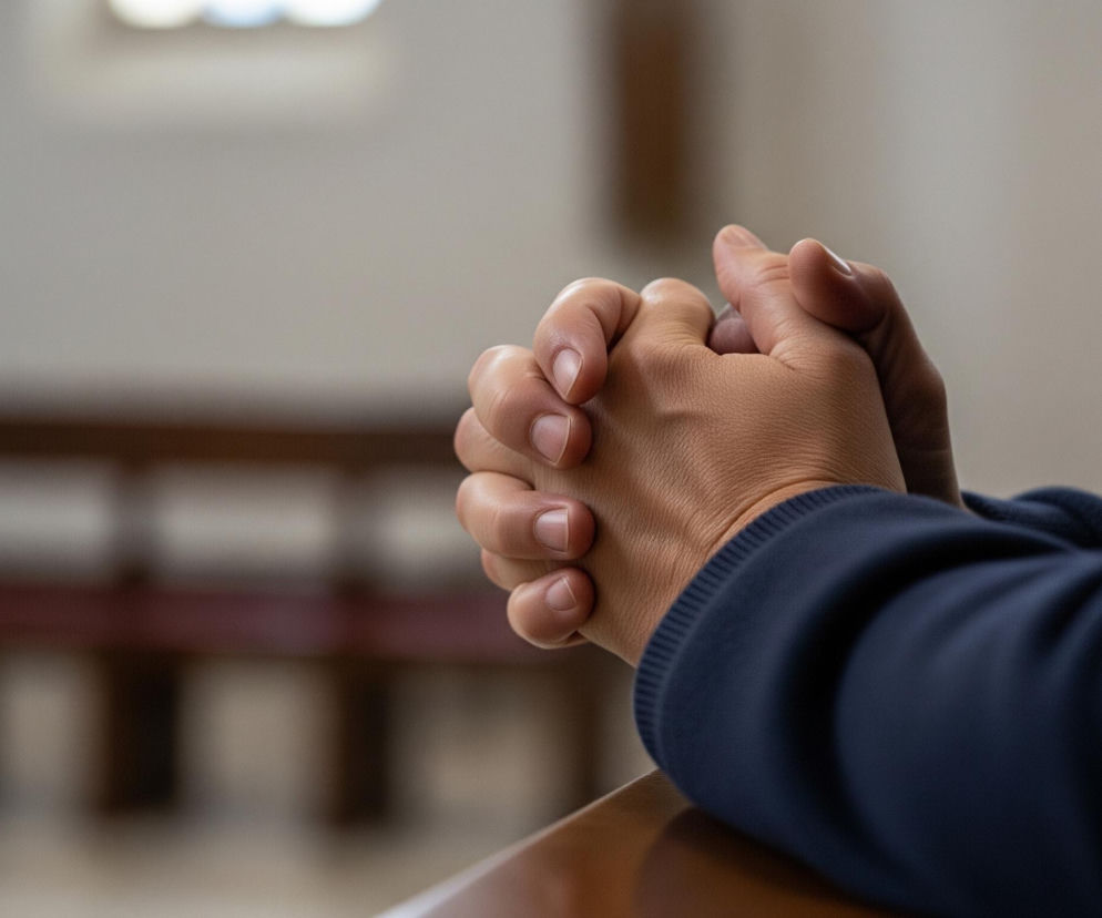 Na pierwszym planie widoczne są złożone dłonie osoby, której przedramię zakrywa ciemnogranatowy materiał rękawa. Prawa dłoń, znajdująca się bliżej, ma palce splecione z palcami lewej dłoni. Skóra dłoni ma ciepły, jasnobrązowy odcień, a paznokcie są krótkie i zadbane. Dłonie opierają się na jasnobrązowej, drewnianej powierzchni. Tło obrazu jest rozmyte, ukazując jasne wnętrze, prawdopodobnie kościoła, z niewyraźnymi elementami drewnianych ław i okien w górnej części.