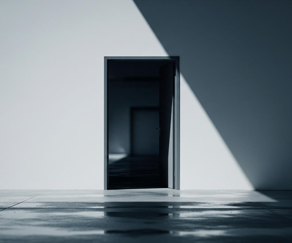 Centralnie na białej ścianie widoczne jest prostokątne, otwarte przejście o ciemnych futrynach. Za przejściem rozciąga się ciemny korytarz z kilkoma kolejnymi drzwiami, prowadzącymi w głąb. Podłoga przed przejściem, pokryta ciemnymi, kwadratowymi płytkami, jest mokra i odbija światło, tworząc refleksy. Po prawej stronie, na białej ścianie i mokrej posadzce, widoczny jest duży, trójkątny rzut światła, kontrastujący z zacienioną częścią ściany i podłogi.