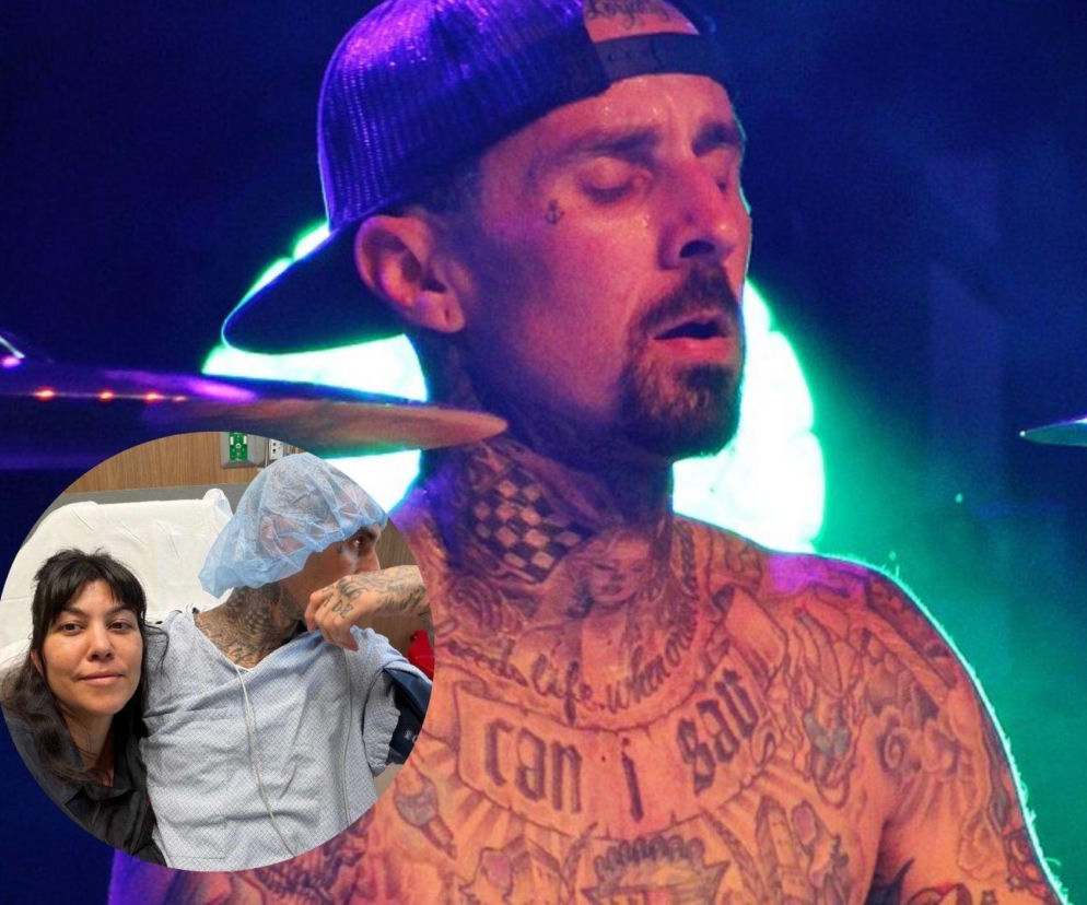 Travis Barker gra na perkusji. Na miniaturze Kourtney Kardashian z mężem w szpitalu. O ich historii przeczytasz w Eska.