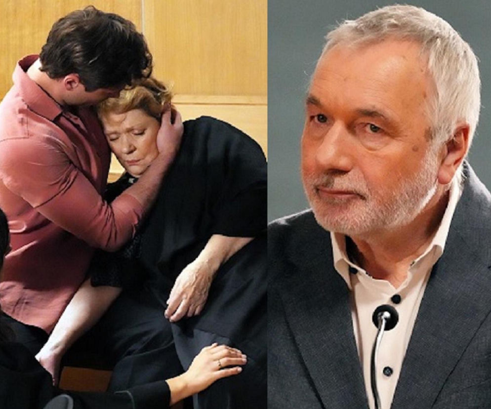 Elżbieta Jarosik jako Józefina upokorzona po zawale serca w Barwach szczęścia, obok Leon Charewicz jako Andrzej Zastoja, który oczernia ją w sądzie. Więcej o dramatycznych losach bohaterów na Super Seriale.