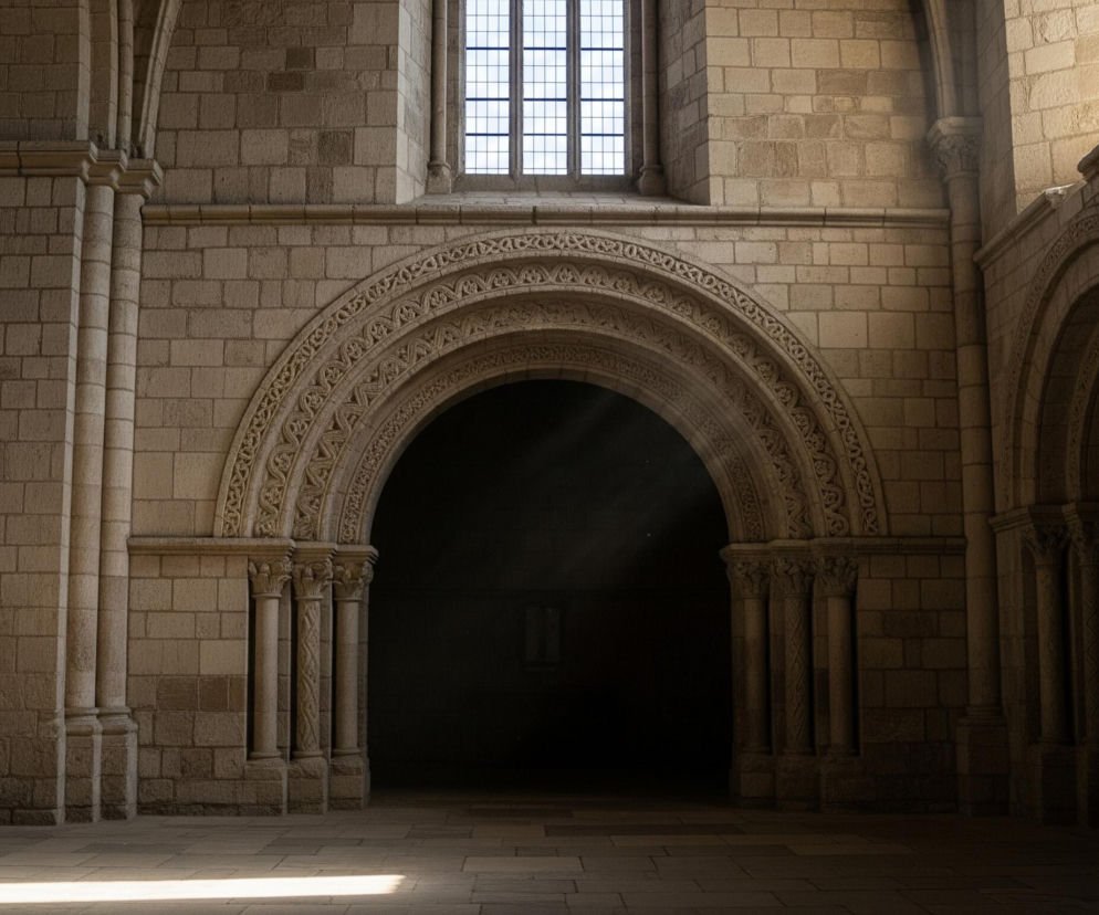 Wnętrze historycznego budynku kamiennego ukazuje centralny łukowaty portal prowadzący do ciemnego, niewidocznego wnętrza. Portal jest bogato zdobiony misternymi wzorami rzeźbionymi w kamieniu, a po obu jego stronach znajdują się kolumny z kapitelami. Powyżej portalu, na kamiennej ścianie, znajduje się duże prostokątne okno z wieloma małymi kwadratowymi szybami, przez które wpada światło rozświetlające górną część pomieszczenia. Po lewej stronie widać masywny filar z jasnego kamienia, a po prawej szereg kolejnych łuków, z których tylko częściowo widać detale rzeźbionych elementów, a także cienie rzucane przez inne filary i łuki. Podłoga wyłożona jest jasnymi kamiennymi płytkami, a na pierwszym planie po lewej stronie widać prostokątny snop światła padający na nią.