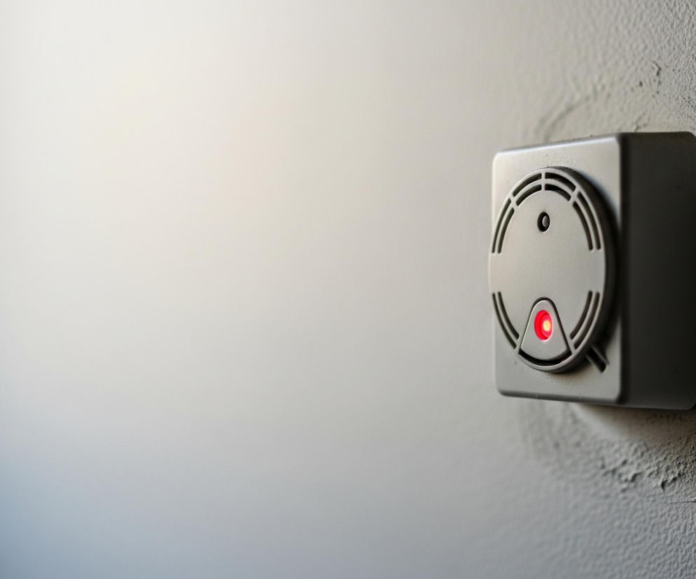 Na szarej, teksturowanej ścianie, w prawej części kadru, przymocowany jest szary, prostokątny czujnik. Na jego zaokrąglonym froncie widoczny jest okrągły otwór z czerwoną, pulsującą diodą u dołu i mniejszym, pustym otworem u góry. Powierzchnia czujnika posiada drobne zagłębienia i zanieczyszczenia, a ściana wokół niego jest nierówna. Lewa część obrazu jest jaśniejsza i bardziej rozmyta.