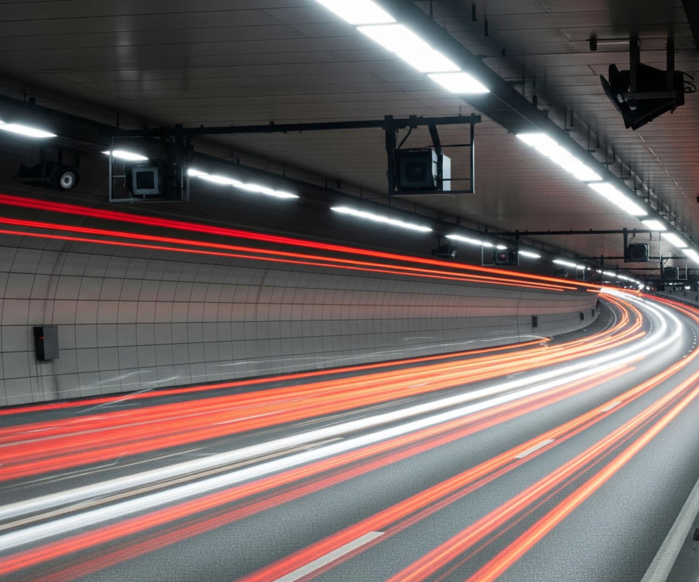 Wnętrze tunelu drogowego, zakrzywionego w prawo, ukazuje ślady świateł pojazdów w ruchu, tworzące długie, rozmazane smugi światła. Na ciemnoszarym asfalcie drogi widoczne są intensywnie czerwone smugi od tylnych świateł oraz białe smugi od przednich świateł, biegnące równolegle i zbiegające się w oddali. Ściany tunelu po lewej stronie wyłożone są jasnymi, prostokątnymi panelami, zaś sufit, również w ciemnych odcieniach, rozświetlony jest rzędami białych, prostokątnych lamp. Wzdłuż sufitu zawieszone są różne ciemne urządzenia, prawdopodobnie kamery lub sygnalizatory.