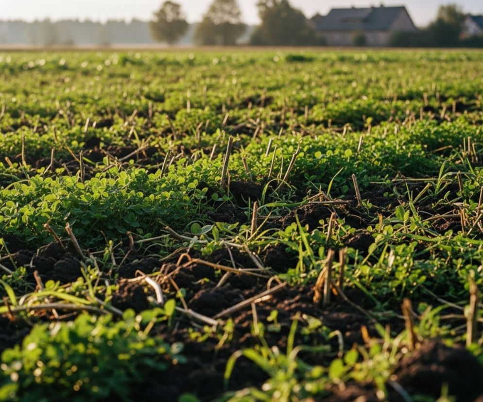 Zblizenie na zielone rośliny okrywowe, takie jak koniczyna, rosnące na czarnej, uprawianej glebie, z resztkami pożniwnymi. W tle rozmyte budynki gospodarcze i drzewa. Więcej o rolnictwie regeneratywnym przeczytasz na Super Biznes.