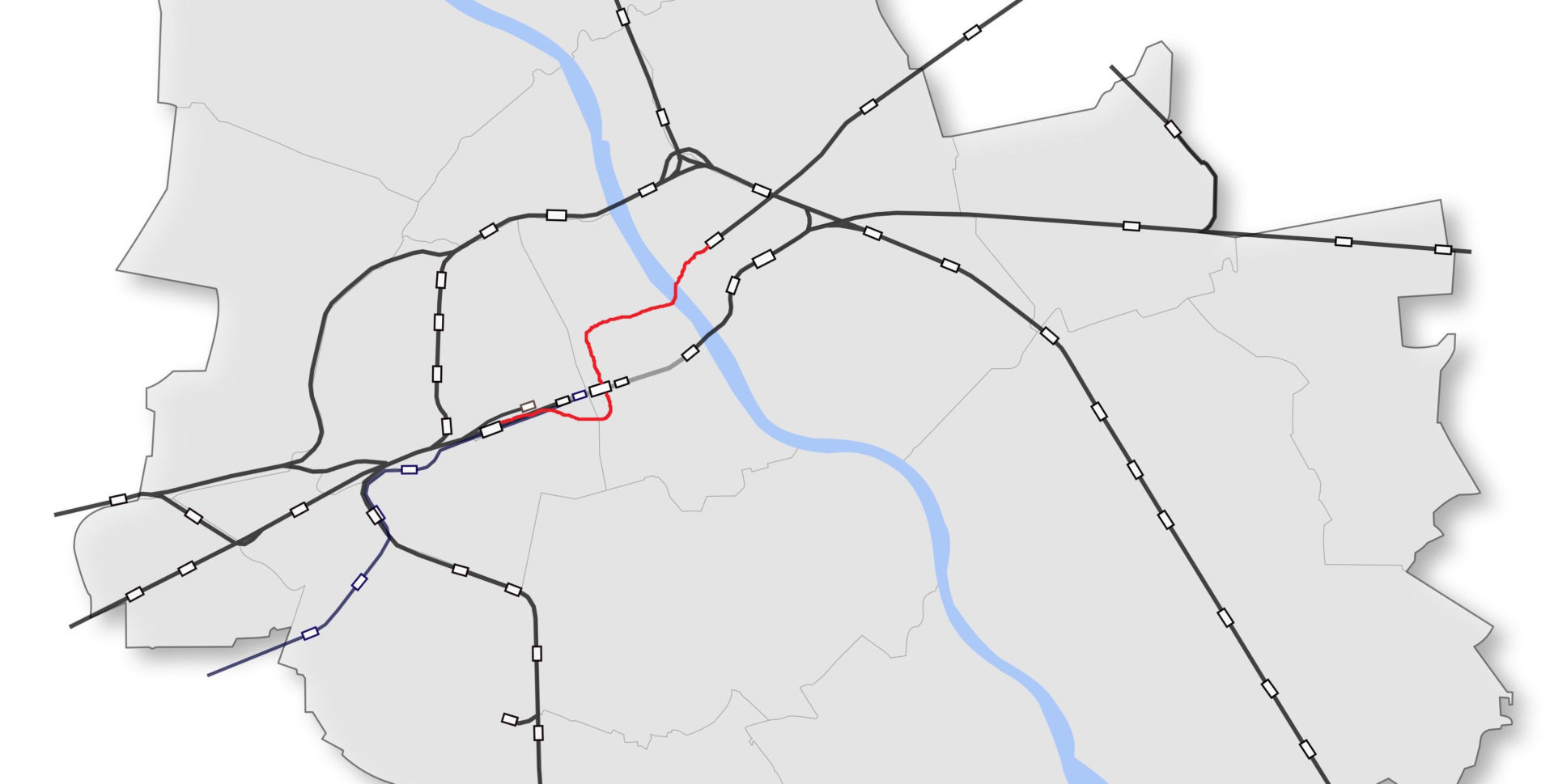 Przybliżona trasa nowej linii średnicowej w Warszawie - wariant 1