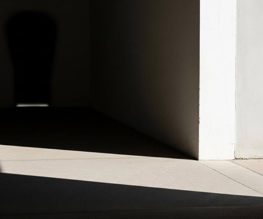 Architektoniczną kompozycję światła i cienia, z dominującymi tonacjami beżu i czerni. Scena ukazuje wewnętrzny zakątek lub korytarz, gdzie jasne światło słoneczne pada na podłogę i ścianę z prawej strony, tworząc ostry kontrast z głębokimi cieniami. Na lewej ścianie widoczny jest pionowy, podłużny kształt cienia, przypominający zarys drzwi lub przejścia, z subtelnym jasnym paskiem u podstawy. Podłoga składa się z dwóch powierzchni: jaśniejszej, beżowej, szorstkiej tekstury w górnej części, która przechodzi w ciemniejszy odcień beżu z widocznymi liniami podziału w dolnej części, gdzie również rozciąga się trójkątny obszar cienia. Biała ściana po prawej stronie ma widoczne pęknięcia i subtelne nierówności w teksturze.