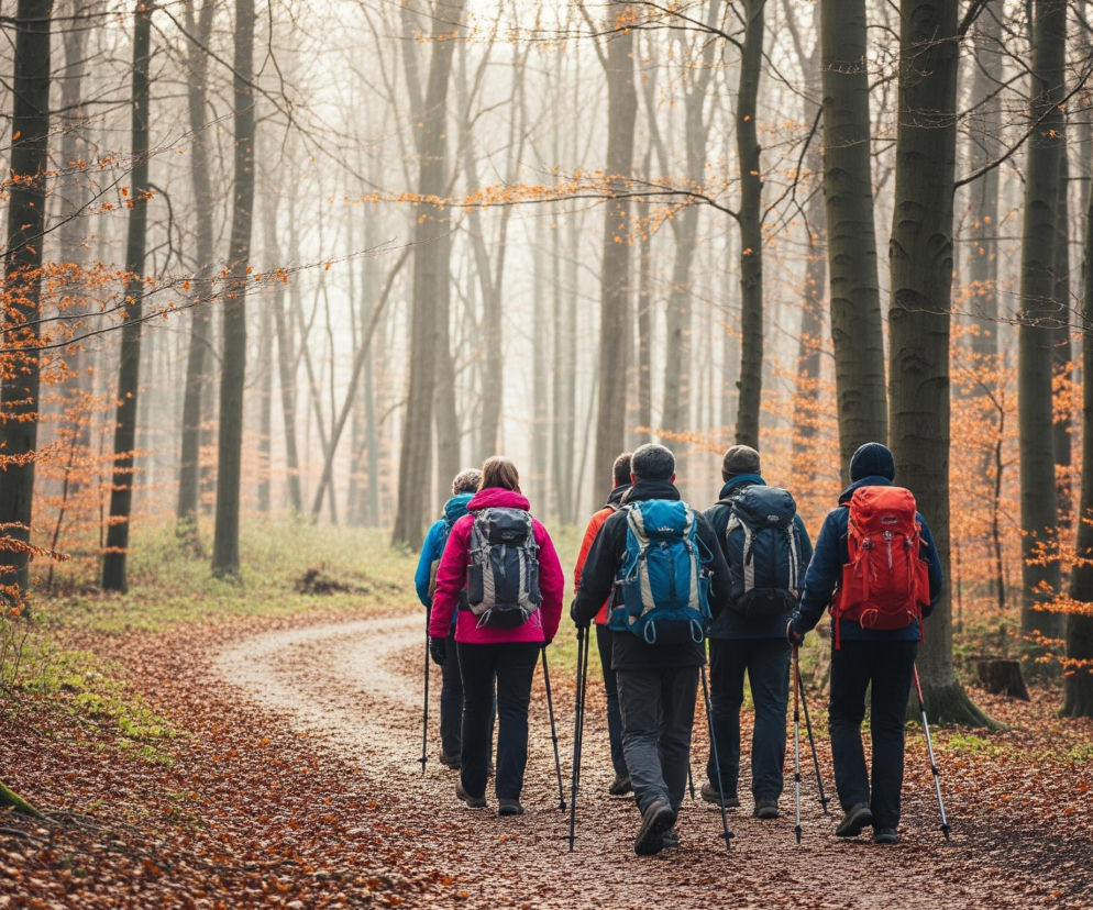 Sześć osób wędruje leśną ścieżką, porośniętą brązowymi liśćmi, w mglisty, jesienny lub zimowy dzień. Wszyscy ubrani są w kurtki, noszą plecaki w różnych kolorach (różowym, niebieskim, czerwonym, czarnym) i używają kijków trekkingowych. Ścieżka łagodnie zakręca w lewo, prowadząc wgłąb lasu pełnego wysokich drzew o ciemnych pniach i rzadkich, rudych liściach na gałęziach.