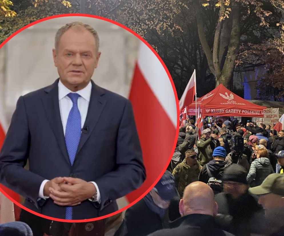 Tłum ludzi pod namiotem Klubów Gazety Polskiej. Na miniaturowym zdjęciu obok Donald Tusk. O orędziu premiera czytaj w Eska.