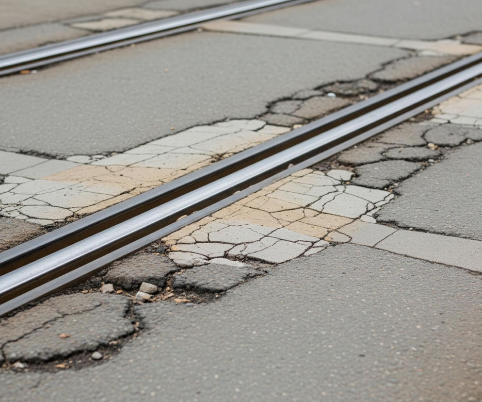 Torowisko tramwajowe przechodzi przez zniszczoną nawierzchnię asfaltową. Dwa metalowe tory, lśniące od odbitego światła, biegną równolegle przez środek kadru, zbiegając się w kierunku górnej części zdjęcia. Asfalt wokół torów jest popękany i nierówny, z widocznymi licznymi ubytkami i dziurami, odsłaniającymi jaśniejszy podkład pod spodem, przypominający nieregularne płytki lub łaty, które również są popękane i spękane. Kolorystyka utrzymana jest w szarościach asfaltu i stali, z domieszką beżowych i jasnych odcieni w popękanych fragmentach nawierzchni.