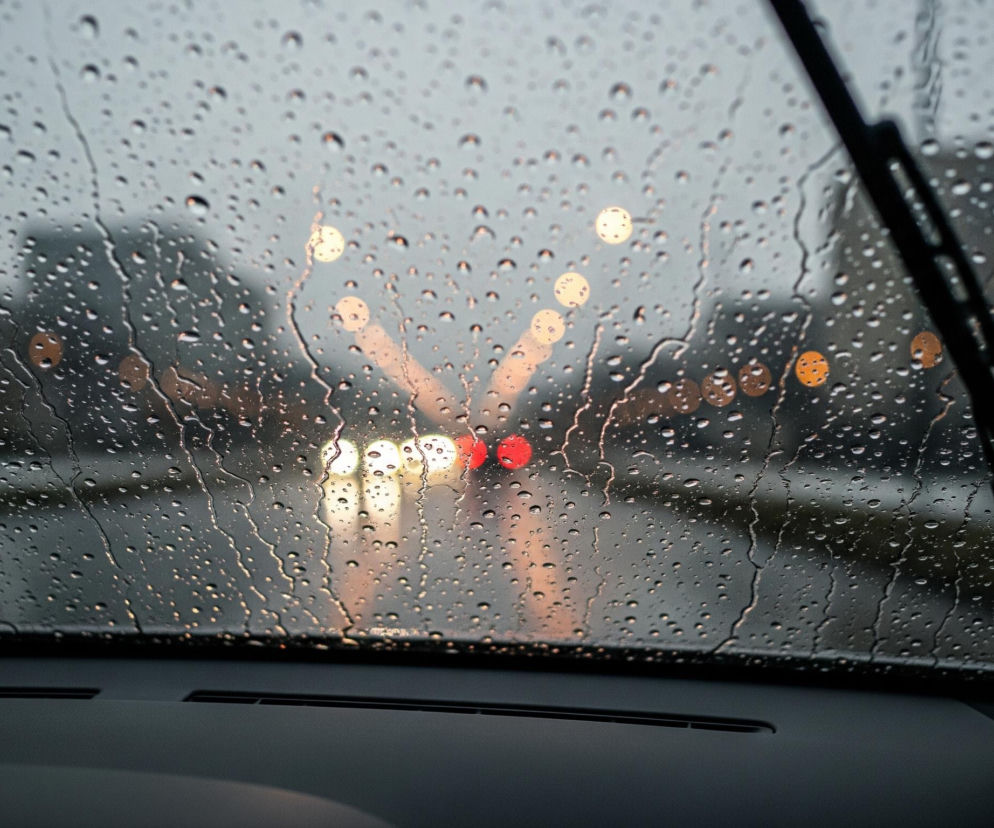 Przednia szyba samochodu jest pokryta licznymi kroplami deszczu o różnej wielkości, niektóre z nich tworzą cienkie strużki. Za szybą widać rozmyty widok ulicy lub drogi, na której znajdują się inne pojazdy, o czym świadczą rozświetlone, okrągłe plamy świateł: białe z przodu i czerwone z tyłu, oraz pomarańczowe po bokach. W prawym górnym rogu zdjęcia widoczna jest część czarnej wycieraczki samochodowej, przylegającej do szyby. Dolna część kadru przedstawia fragment wnętrza samochodu, widoczną górę deski rozdzielczej w odcieniach szarości.
