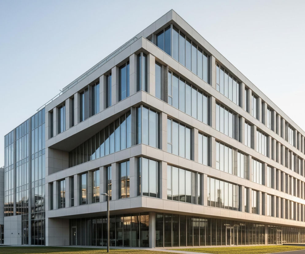 Nowoczesny budynek biurowy o skomplikowanej bryle dominuje w centrum kadru, prezentując elewacje z jasnego betonu i liczne, pionowe okna z odbijającymi światło szybami. Jedno ze skrzydeł, całkowicie przeszklone, tworzy wyraźny kontrast z pozostałą częścią konstrukcji. Słońce, znajdujące się nisko po prawej stronie, oświetla fasadę, rzucając długie cienie i tworząc jasne refleksy na szybach. Przed budynkiem rozciąga się zielony trawnik z rzadkimi, młodymi drzewami, a w tle widać fragment drugiego, ciemniejszego budynku oraz błękitne niebo.