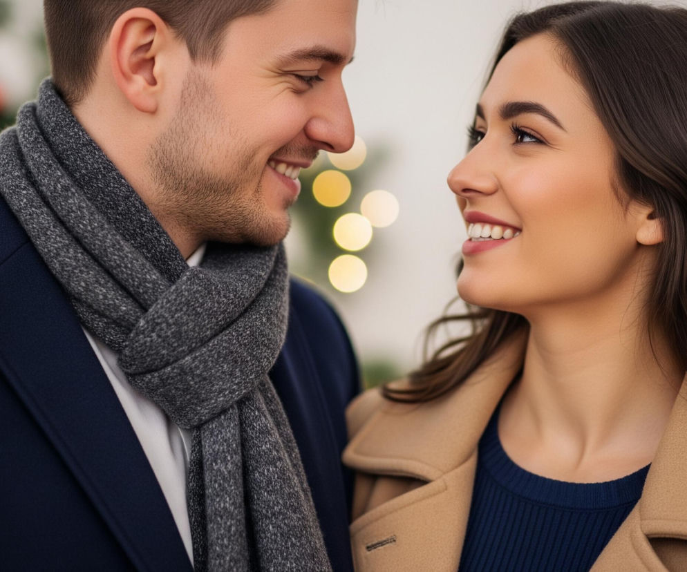 Dwoje młodych ludzi, mężczyzna i kobieta, stoją blisko siebie i patrzą na siebie uśmiechając się. Mężczyzna ma krótkie, brązowe włosy i ciemny zarost, jest ubrany w granatowy płaszcz i szary, melanżowy szalik zawiązany pod szyją. Kobieta ma długie, ciemnobrązowe włosy, jest pomalowana i ma na sobie beżowy płaszcz z klapami oraz granatowy sweter z prążkowanej dzianiny. W tle widać rozmazane, ciepłe światła w kolorach żółtym i czerwonym.