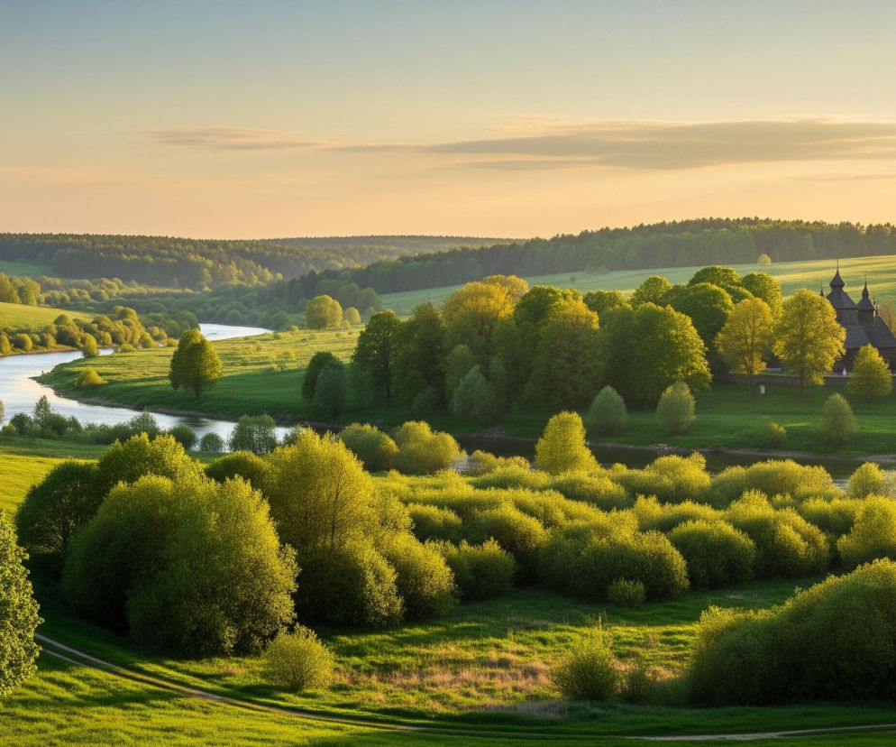 Szeroka panorama ukazuje pagórkowaty, zielony krajobraz oświetlony ciepłym, wieczornym światłem. Przez środek obrazu, wijąc się przez zielone pola i zalesione tereny, płynie rzeka o srebrzystej tafli. Po prawej stronie rzeki, w otoczeniu jasnozielonych drzew, widoczna jest ciemna, drewniana budowla z dwoma spiczastymi wieżami. Liczne drzewa i krzewy o jaskrawozielonych, świeżych liściach pokrywają zbocza i brzegi rzeki, tworząc bogaty kontrast z ciemniejszą zielenią dalszych lasów i delikatnym, pomarańczowo-błękitnym niebem z pojedynczymi chmurami w oddali.