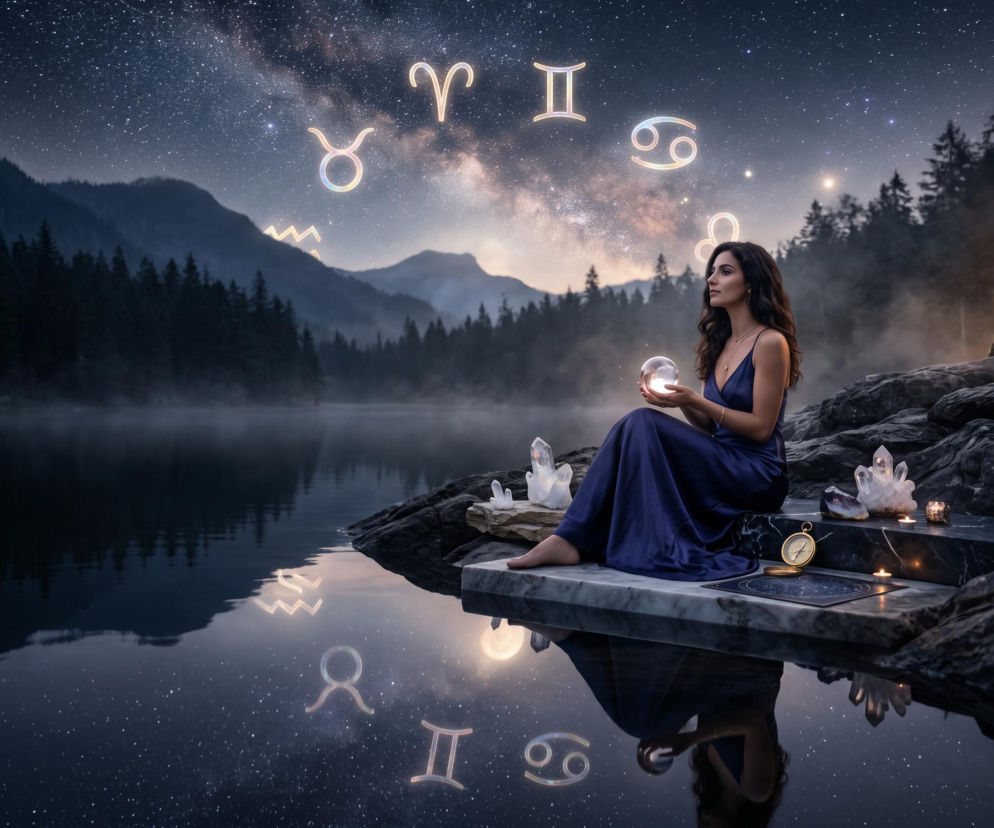 Kobieta w granatowej sukni siedzi nad jeziorem pod rozgwieżdżonym niebem z symbolami zodiaku. Horoskop dzienny na SE.