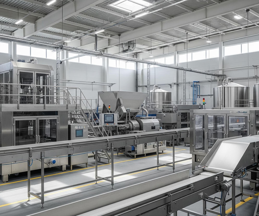 Obszerna hala fabryczna wypełniona jest lśniącymi, srebrzystymi maszynami ze stali nierdzewnej, tworzącymi skomplikowany system produkcyjny. Liczne przenośniki taśmowe, widoczne w centralnej i dolnej części obrazu, prowadzą między poszczególnymi stanowiskami, w tym urządzeniami z przeszklonymi drzwiami oraz wysokimi, cylindrycznymi zbiornikami. W tle znajduje się szerokie okno na całej długości ściany, a światło wpada również przez świetliki dachowe oraz z podłużnych lamp fluorescencyjnych, rozjaśniając przestrzeń. Szary strop z widocznymi elementami konstrukcyjnymi i rurami kontrastuje z jasnymi ścianami, a żółte linie na ciemnoszarej posadzce wyznaczają ścieżki.