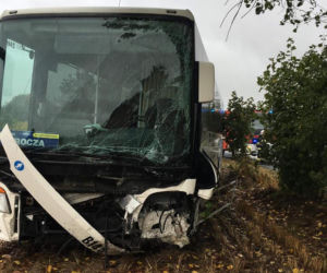 Zderzenie osobówki z autobusem PKS w Sicienku! Dwie osoby poszkodowane [ZDJĘCIA]