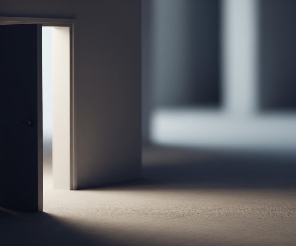 Otwarte drzwi widoczne są w lewej części kadru, ukazując jasne wnętrze za nimi. Promienie światła przenikają przez szczelinę otwartych drzwi, padając ukośnie na podłogę. Pomieszczenie po prawej stronie drzwi tonie w półmroku, z niewyraźnymi, rozmytymi konturami ścian w oddali. Podłoga w pierwszym planie jest jasnobeżowa i wydaje się być pokryta teksturowanym materiałem, prawdopodobnie wykładziną lub dywanem.