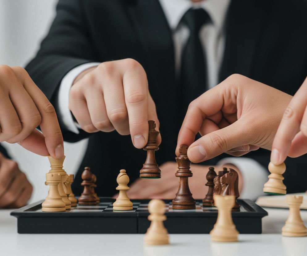 Cztery ludzkie dłonie poruszają figurami szachowymi na białym stole. W centrum znajdują się szachownica z czarno-białymi polami oraz ciemne i jasne figury, ułożone w różnych konfiguracjach. Po prawej stronie widoczny jest otwarty zeszyt lub książka. W tle, częściowo rozmyci, są ludzie ubrani w czarne garnitury i białe koszule z krawatami.