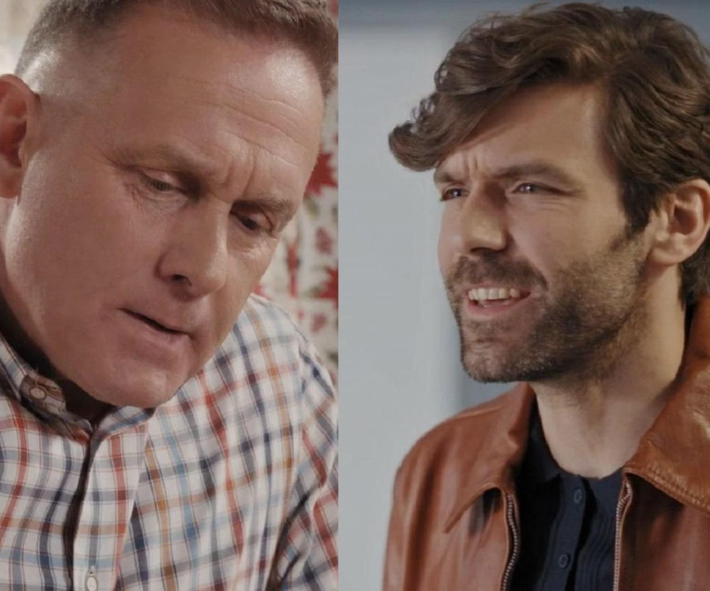 Zestawienie dwóch zdjęć: Artur Rogowski (Robert Moskwa) ze spuszczoną głową w koszuli w kratę i uśmiechnięty Martin (postać grana przez nieznanego aktora) w brązowej, skórzanej kurtce. Widzowie Super Seriale dowiedzą się, że Martin będzie śledził Rogowskich w Grabinie.