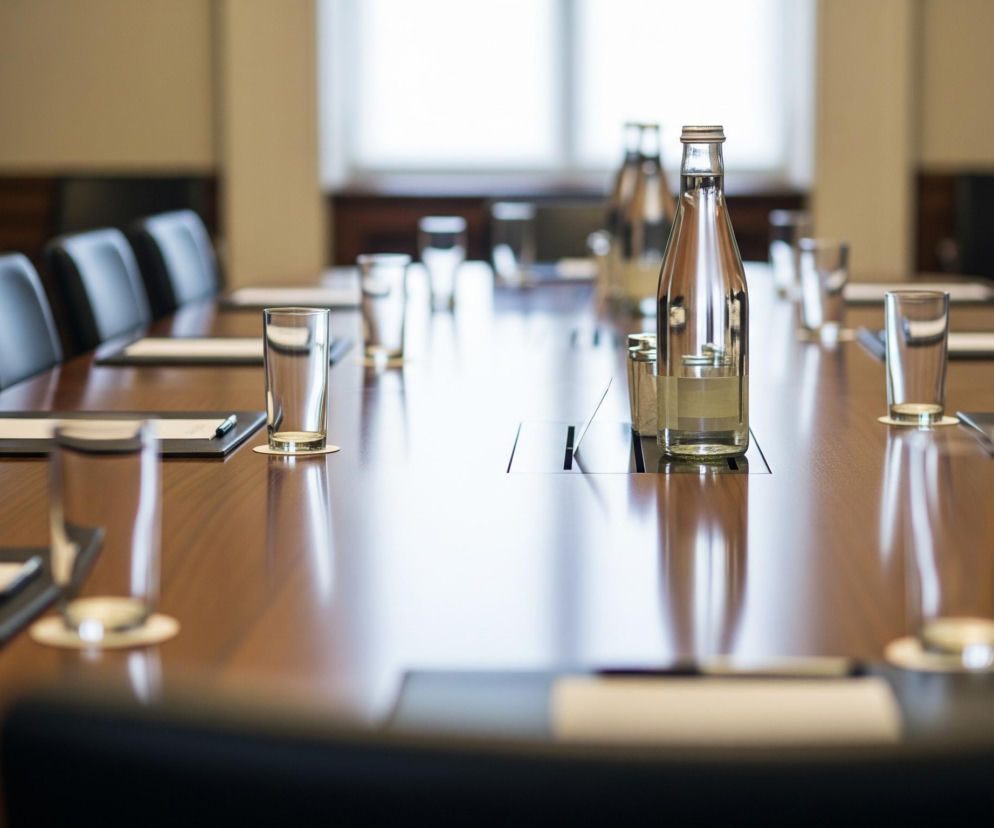 Drewniany, brązowy stół konferencyjny z czarnymi, skórzanymi krzesłami po obu stronach wypełnia kadr, ujęty od strony jednego z końców. Na stole ustawione są szklanki z wodą i butelki wody, obok każdej szklanki leży czarna podkładka z jasną kartką papieru i długopisem. Tło przedstawia beżowe ściany i okno z rozmazanym światłem, a także elementy drewnianego boazerii.