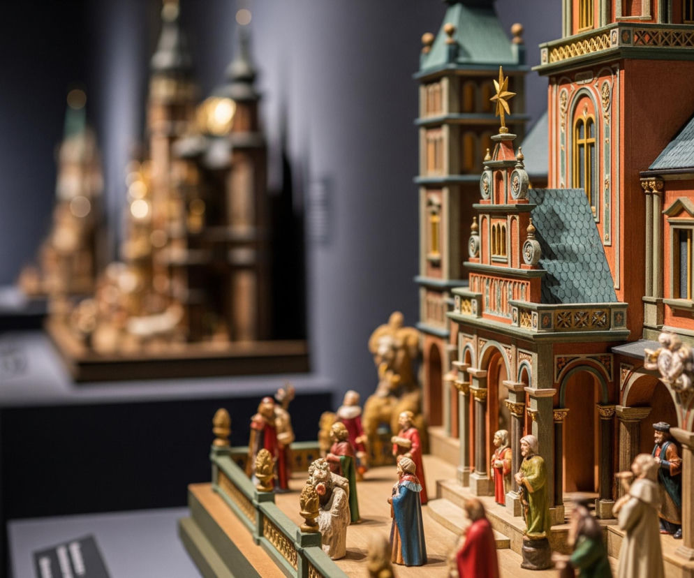 Widoczna jest bogato zdobiona, drewniana miniatura architektoniczna przedstawiająca budowlę przypominającą pałac lub kościół, wykonana z dbałością o detale. Główny budynek w prawym dolnym rogu charakteryzuje się czerwonawymi ścianami, zielonkawymi dachami i złotymi zdobieniami, w tym okiennicami i małymi wieżyczkami z gwiazdą na szczycie. Na pierwszym planie, na tarasie lub dziedzińcu przed budowlą, rozmieszczono liczne, kolorowe figurki ludzi w strojach historycznych, z których niektóre stoją na schodach lub pod arkadami. Tło jest rozmyte, ukazując kolejne, podobne miniatury budowli o złocistych i brązowych barwach.