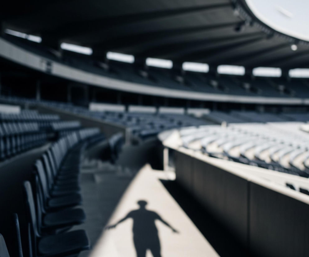 Na pierwszym planie, w centrum, znajduje się rozmyty cień ludzkiej sylwetki na jasnej, płaskiej powierzchni, z rozpostartymi ramionami. Scena przedstawia puste rzędy siedzeń w stadionie lub arenie, ułożone w koncentryczne półkola, skierowane w stronę niewidocznego centrum. Kolorystyka jest głównie monochromatyczna, z dominującymi odcieniami szarości i błękitu, podkreślającymi przestrzeń i pustkę. Górna część obrazu ukazuje fragment zadaszenia konstrukcji stadionu, z widocznymi otworami i fragmentem jasnego nieba.