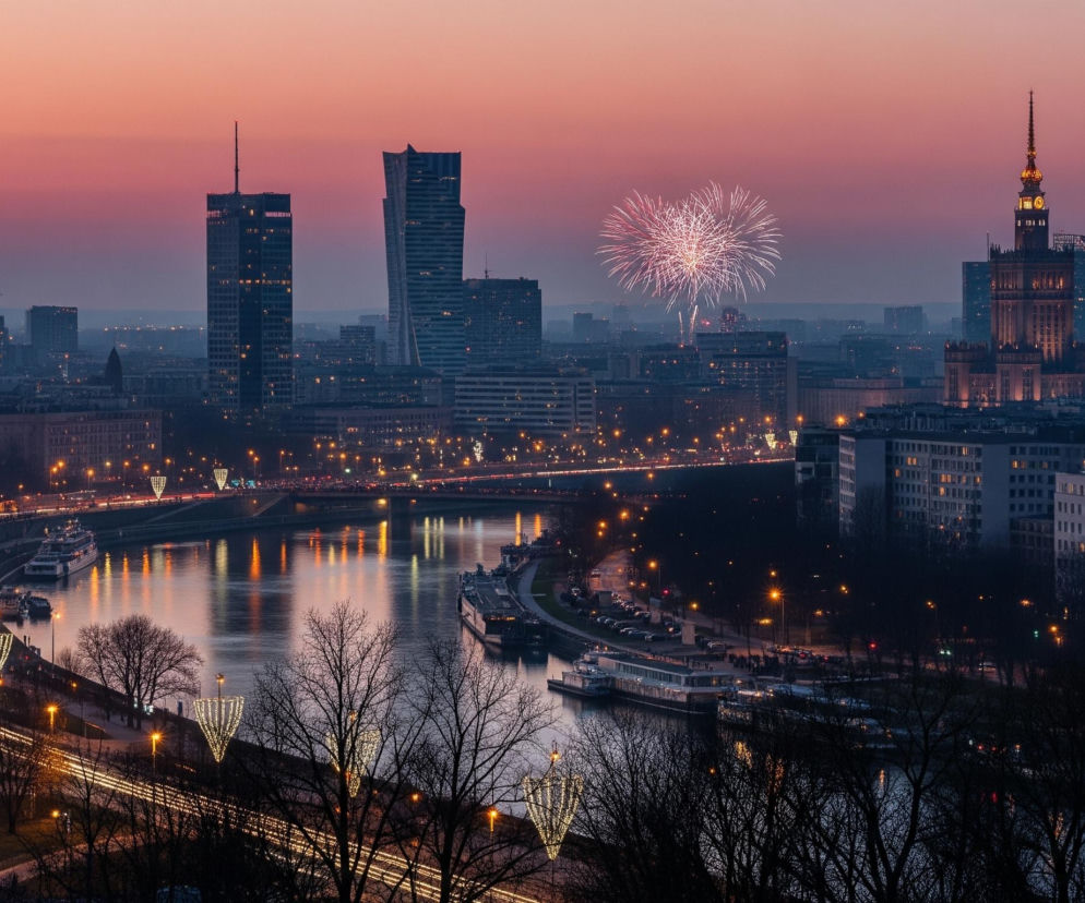 W panoramie miasta, oświetlonej różowo-fioletowym niebem o zmierzchu, dominują wysokie wieżowce i Pałac Kultury i Nauki, z którego iglicą i zegarami widocznymi w złocistym blasku. Nad miastem rozbłyskują dwa skupiska fajerwerków: jedno mniejsze, biało-czerwone po lewej stronie, oraz większe, jasnoróżowe po prawej. Poniżej, rzeka przecina scenę, odbijając światła miejskie i latarnie, a na jej brzegu cumują statki i rozciągają się oświetlone ulice z widocznymi smugami świateł pojazdów. W dolnej części kadru widoczne są gałęzie drzew bez liści oraz dekoracje świetlne w kształcie stożków wiszące nad chodnikami.