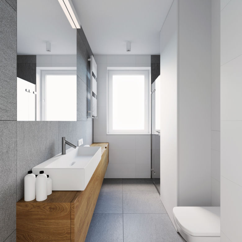 Beton, biel i drewno w łazience