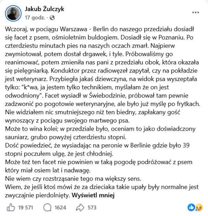 Pies konał w wagonie. Jakub Żulczyk był świadkiem tragedii