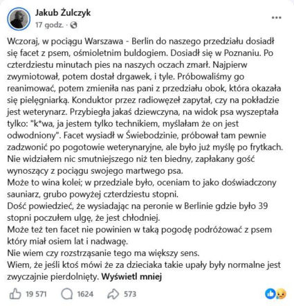 Pies konał w wagonie. Jakub Żulczyk był świadkiem tragedii