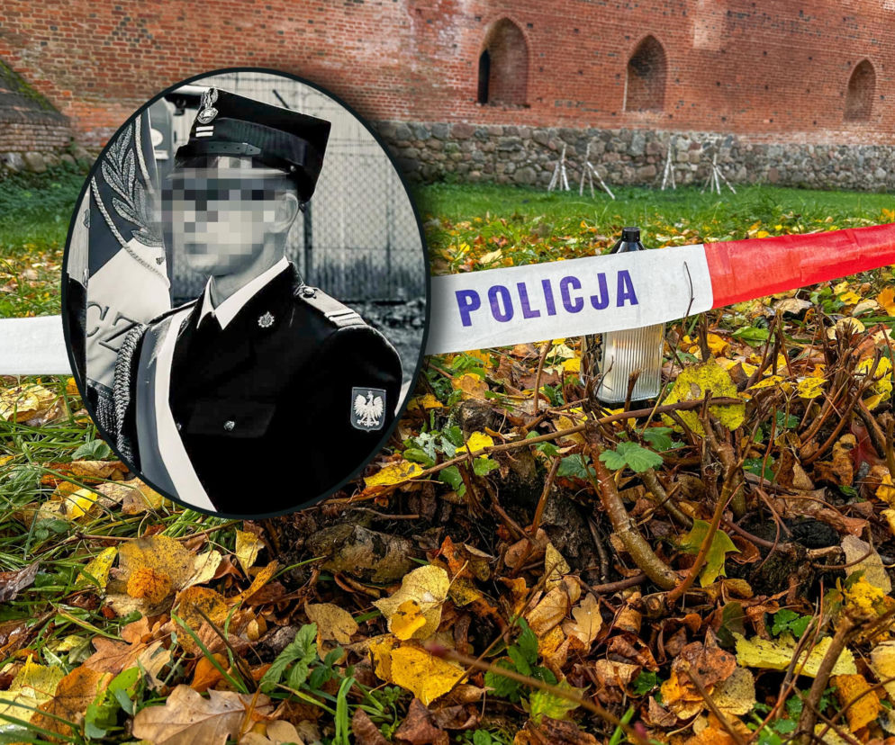 Taśma policyjna i znicz przy murze zamku. Na miniaturowym zdjęciu strażak Adam S. O tragedii przeczytasz na SE.