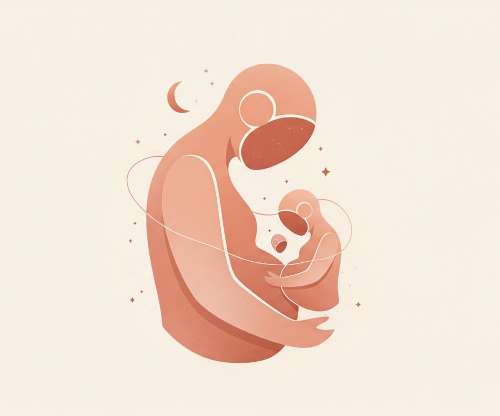 Stylizowana grafika przedstawia dwie stylizowane postacie w odcieniach brązu i różu, z wyraźnymi krawędziami i wypełnieniem teksturą imitującą ziarno. Większa postać, prawdopodobnie matka, obejmuje mniejszą postać, przypominającą dziecko, z trzema drobnymi, owalnymi elementami pośrodku. Wokół postaci, w górnej lewej części obrazu, widnieje sierp księżyca i kilka małych, jasnych gwiazdek, a także dwie cienkie, białe linie, które oplatają sylwetki. Całość znajduje się na jasnobeżowym tle.